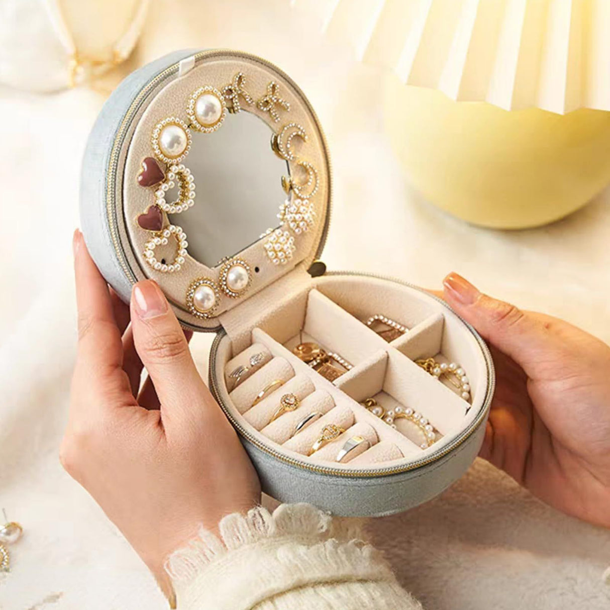 Starlight Gray Small Portable Jewelry Box with Mirror for Travel, Luxury 3 Layers Jewelry Organizer Compact Case for Necklace Earring