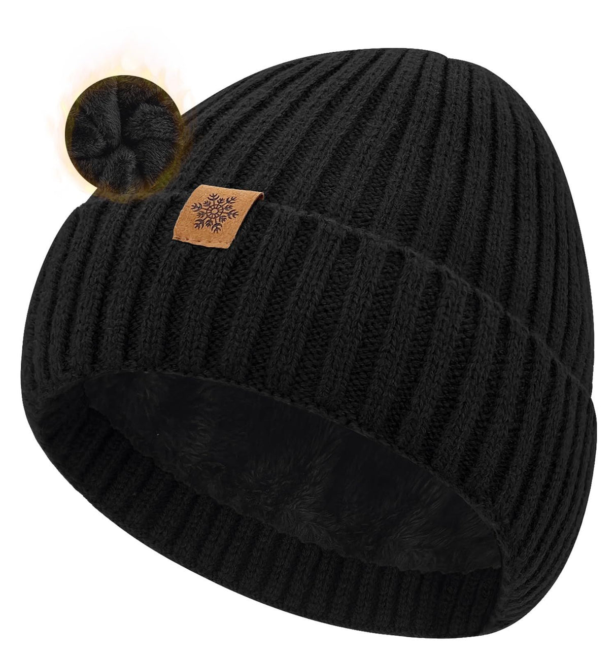 Unisex black warm knitted winter hat, fleece lining, soft and warm, ski hat, narrow brim, suitable for cold weather.