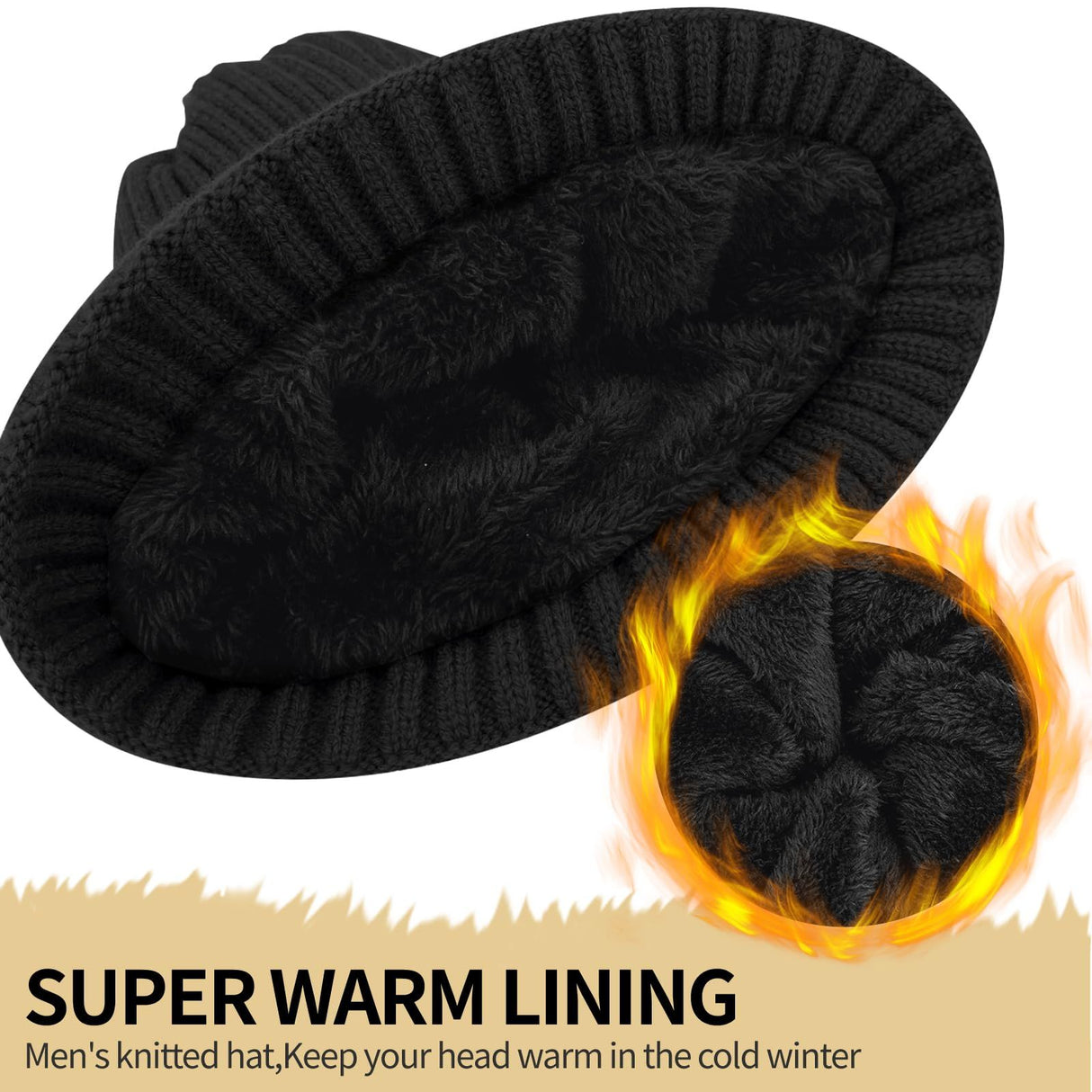 Unisex black warm knitted winter hat, fleece lining, soft and warm, ski hat, narrow brim, suitable for cold weather.