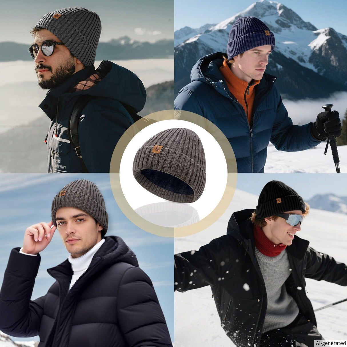 Unisex black warm knitted winter hat, fleece lining, soft and warm, ski hat, narrow brim, suitable for cold weather.