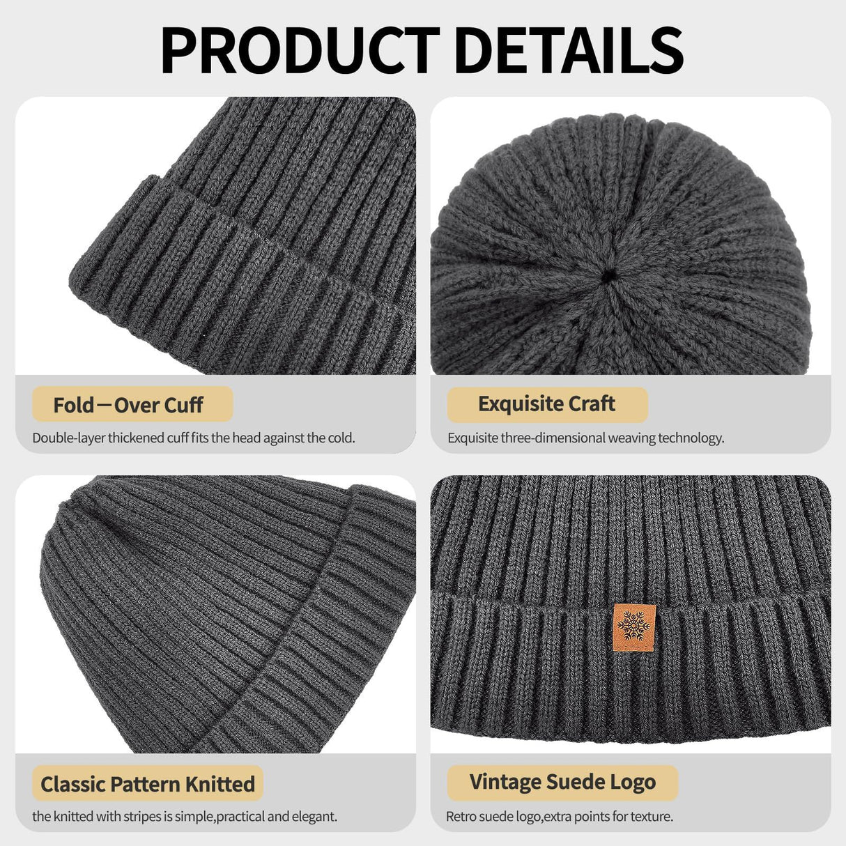 Unisex dark gray warm knitted winter hat, fleece lining, soft and warm, ski hat, narrow brim, suitable for cold weather.