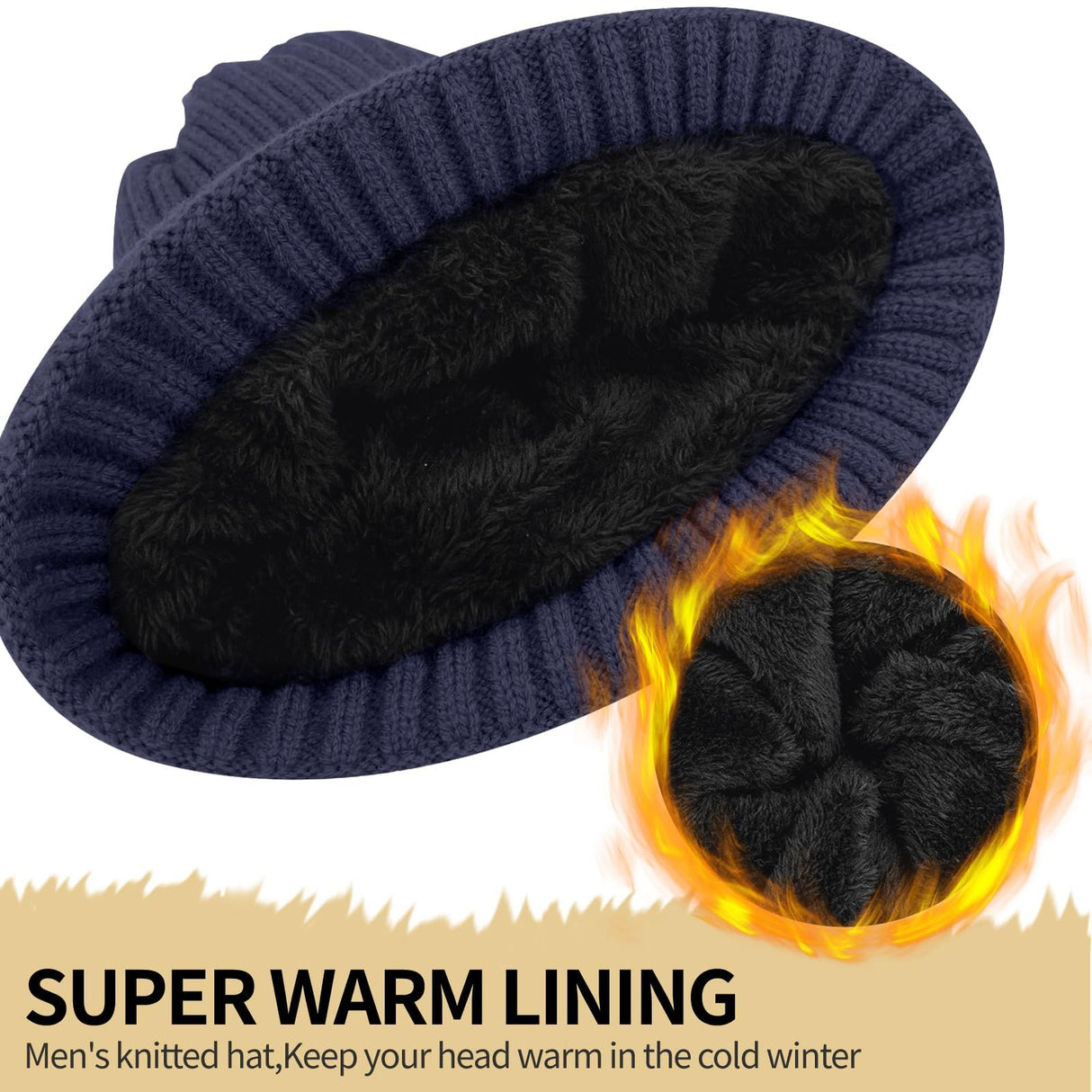 Unisex navy blue warm knitted winter hat, fleece lining, soft and warm, ski hat, narrow brim, suitable for cold weather.