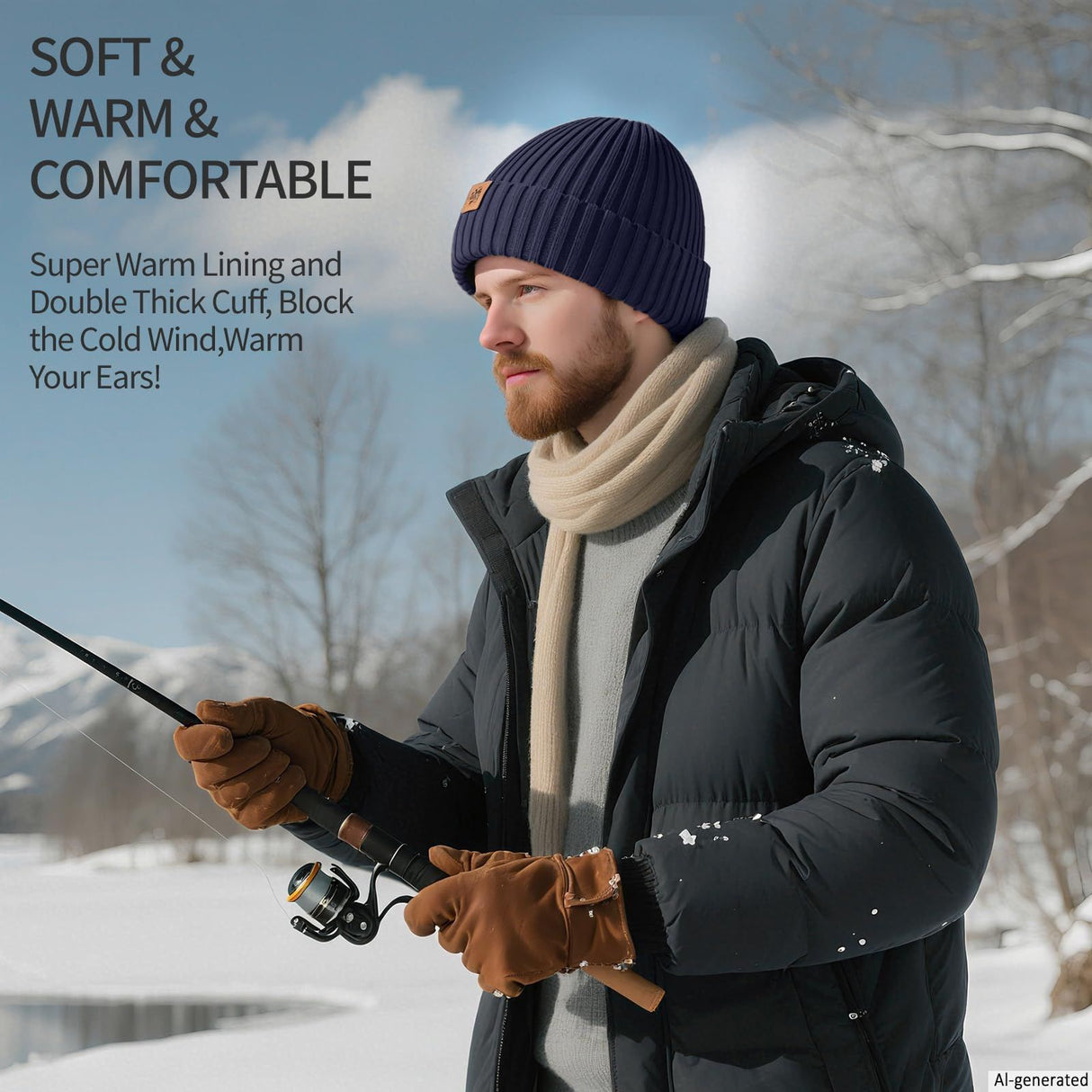 Unisex navy blue warm knitted winter hat, fleece lining, soft and warm, ski hat, narrow brim, suitable for cold weather.