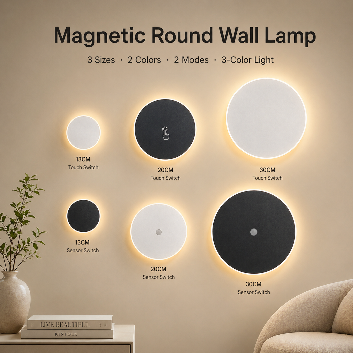 Magnetic Round Wall Lamp 20cm White, 10W Rechargeable LED Wall Sconce with Touch Control, 3-Color Light, Battery Powered Modern Disc Wall Light for Bedroom Hallway Living Room