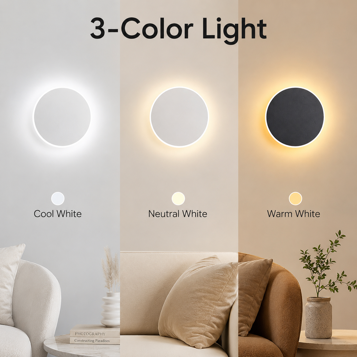 Magnetic Round Wall Lamp 30cm White, 17W Rechargeable LED Wall Sconce with Touch Control, 3-Color Light, Battery Powered Modern Disc Wall Light for Bedroom Hallway Living Room