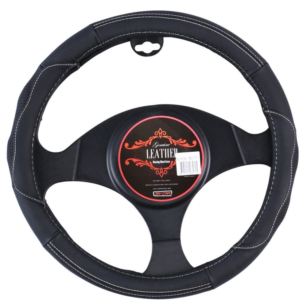 Genuine Leather Nevada Steering Wheel Cover - Black and White Design