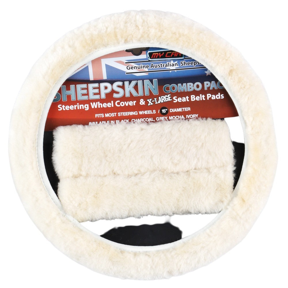 Luxury Ivory Sheepskin Steering Wheel Cover and Seat Belt Pad Set
