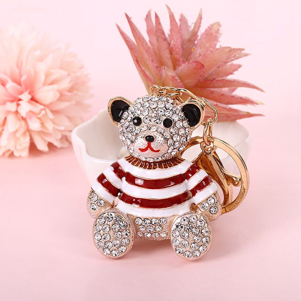 Red Stripe Crystal Bear Keychain Cute Alloy Keyring Gift 2-Pack