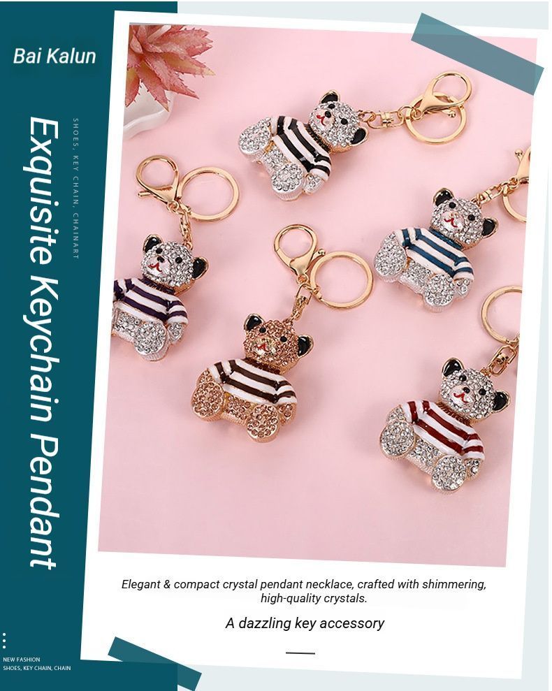 Red Stripe Crystal Bear Keychain Cute Alloy Keyring Gift 2-Pack