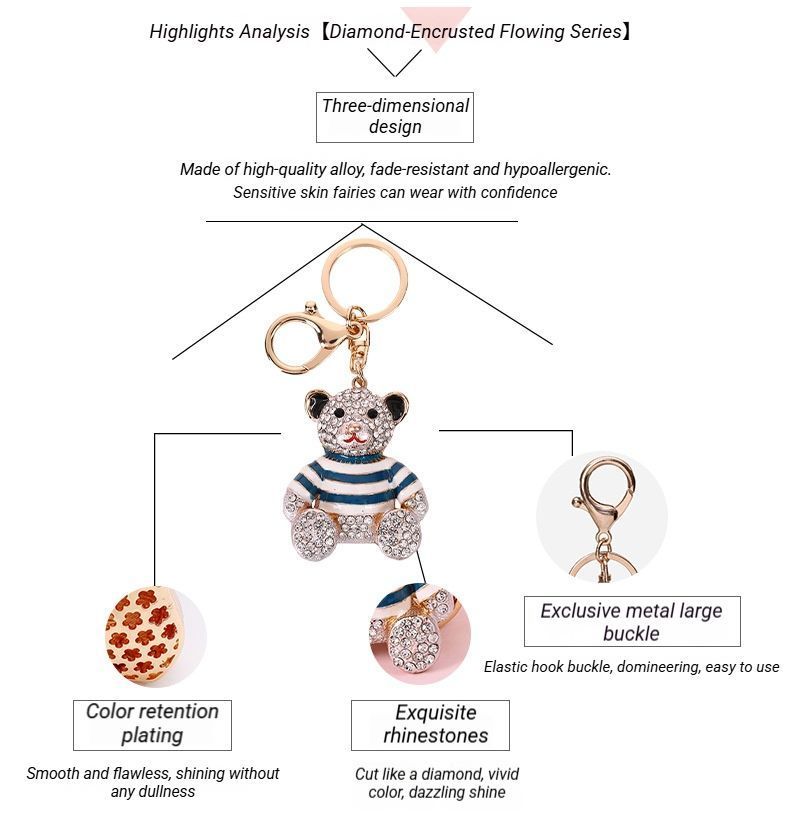 Red Stripe Crystal Bear Keychain Cute Alloy Keyring Gift 2-Pack