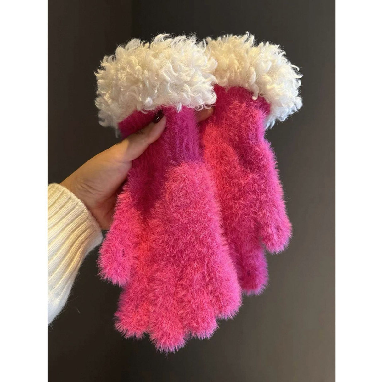 Women Winter Faux Mink Spliced Five-Finger Gloves Beige