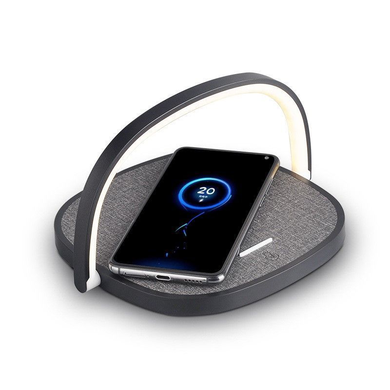 Mini Bedside Desk Lamp, 10W Wireless Charging Phone Stand, Stylish Fabric Night Light, Black, Supplied With USB Cable, Versatile Bedroom Night Decor & Useful Home Gift