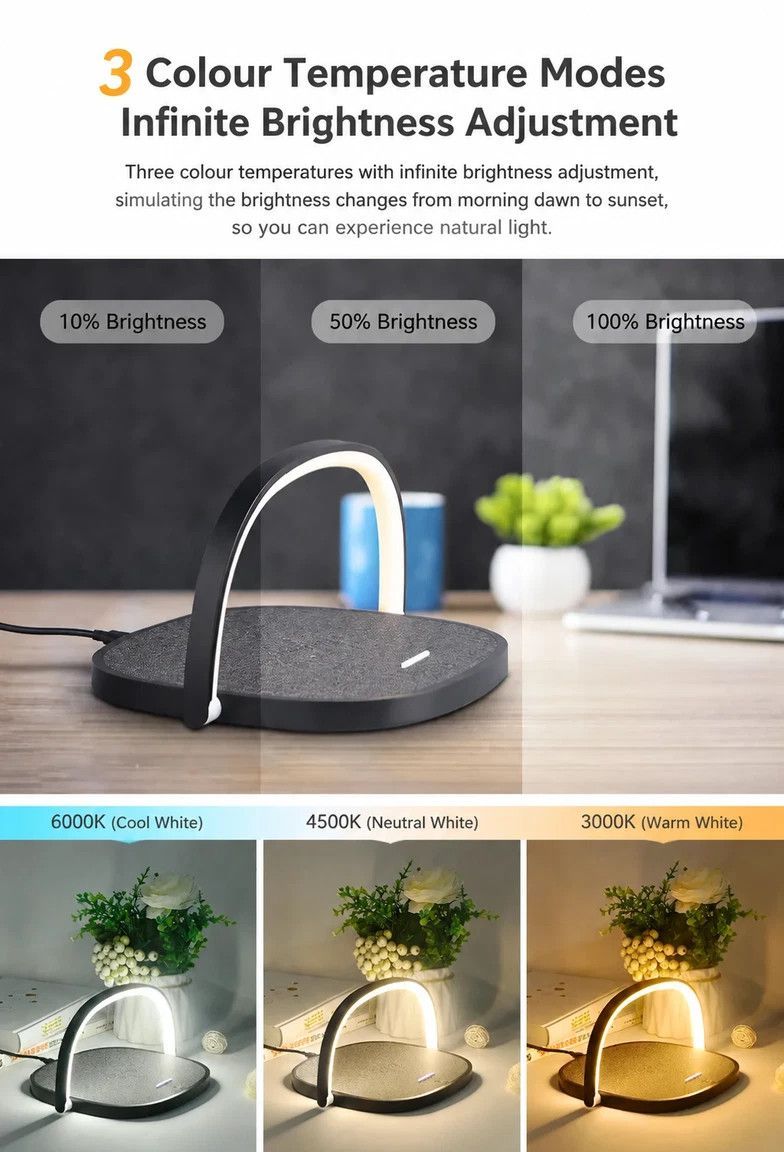 Mini Bedside Desk Lamp, 10W Wireless Charging Phone Stand, Stylish Fabric Night Light, Black, Supplied With USB Cable, Versatile Bedroom Night Decor & Useful Home Gift