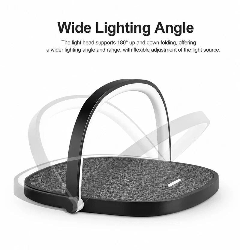 Mini Bedside Desk Lamp, 10W Wireless Charging Phone Stand, Stylish Fabric Night Light, Black, Supplied With USB Cable, Versatile Bedroom Night Decor & Useful Home Gift