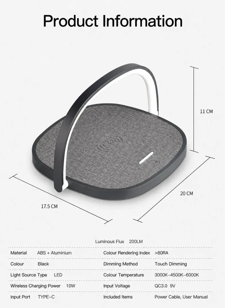 Mini Bedside Desk Lamp, 10W Wireless Charging Phone Stand, Stylish Fabric Night Light, Black, Supplied With USB Cable, Versatile Bedroom Night Decor & Useful Home Gift