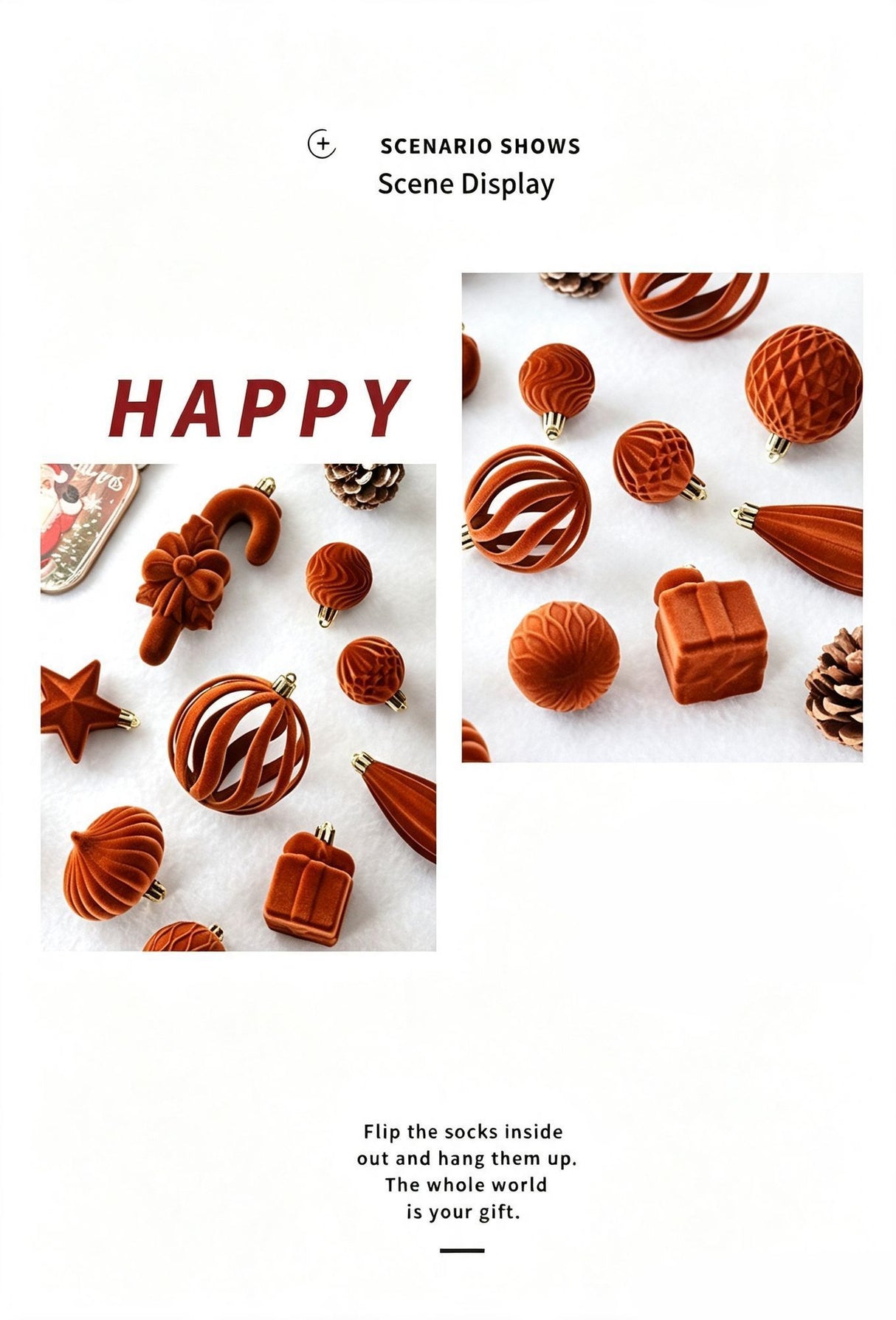Ins Aesthetic Flocked Assorted Christmas Bauble Set, Trendy Christmas Tree Hanging Ornaments, Burgundy 28 Pack Gift Box