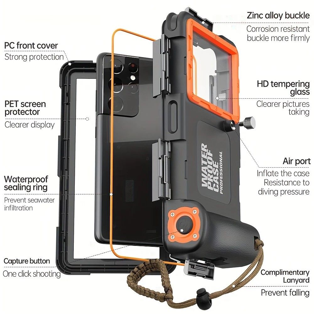 15m Waterproof Phone Case for Diving & Surfing - 1 Hour Underwater Shooting, Dual Seal, Zinc Alloy Buckle, Fits iPhone Samsung Xiaomi up to 6.9 Inch(black+black)