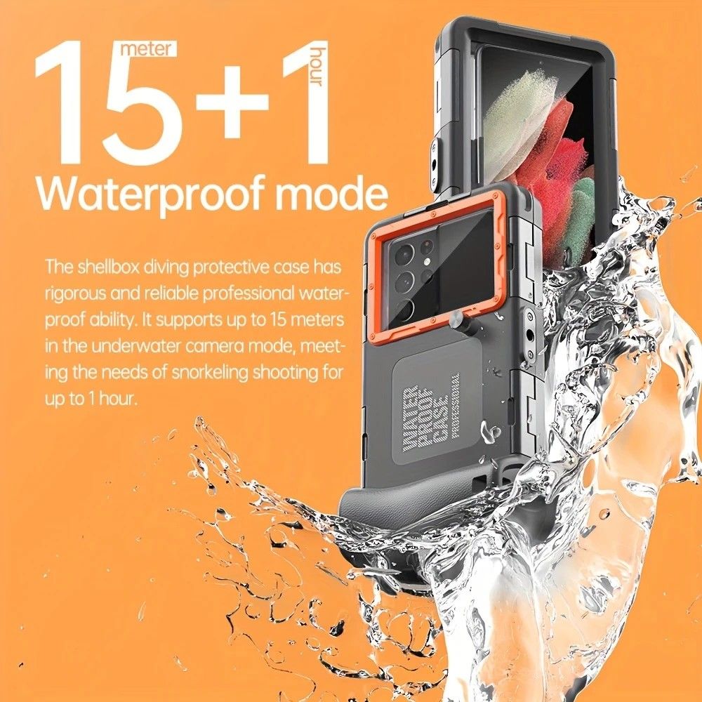 15m Waterproof Phone Case for Diving & Surfing - 1 Hour Underwater Shooting, Dual Seal, Zinc Alloy Buckle, Fits iPhone Samsung Xiaomi up to 6.9 Inch(blue+orange)