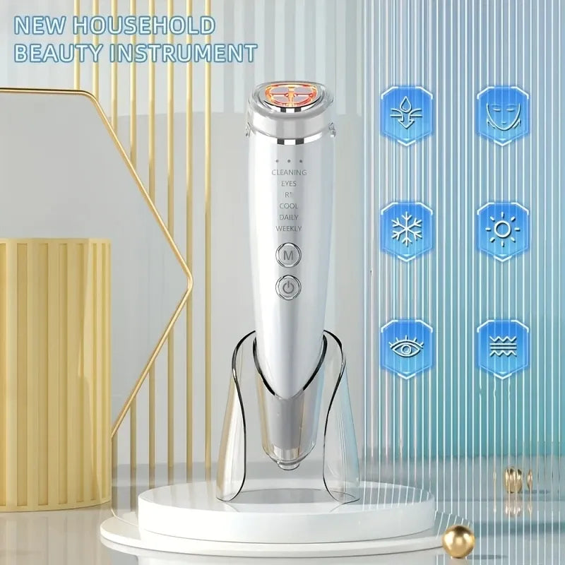 6-in-1 Beauty Device with Hot & Cold Therapy, Red/Blue Light, 3 Intensity Levels & Magnetic Dock. Deep cleansing & firming for daily skincare./WHITE