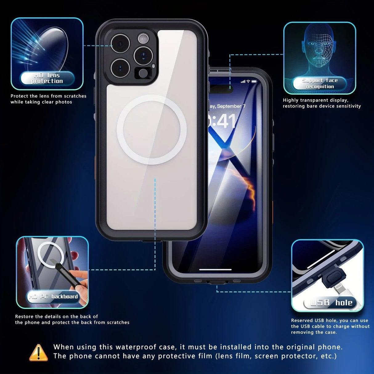iPhone 16 Pro Waterproof Phone Case IP68 Drop Protection Snow Dust Resistant with Lanyard for Swimming Skiing Off Road Adventures(black)