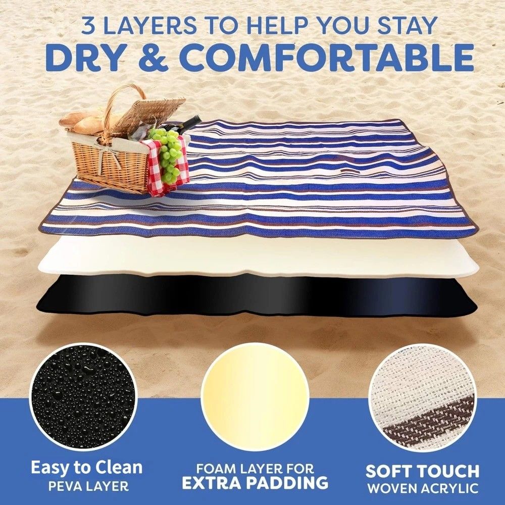 Double-layer Nylon Picnic Mat High-density Waterproof Base + Nylon Padding Lightweight Foldable with Carry Handle Machine Washable & Easy Care Ideal for Beach Camping Park Outdoor Picnics(200*200CM)