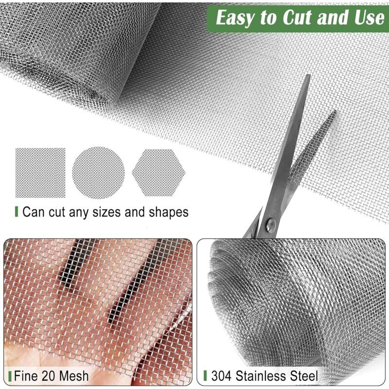 Thin Metal Grid Stainless Steel Mesh 304 Anti-Roof Metal Mesh Mosquito Wire Anti-Insect Mesh Poultry Garden Guard Food, 60 X 200cm, 200cm, 20 Mesh