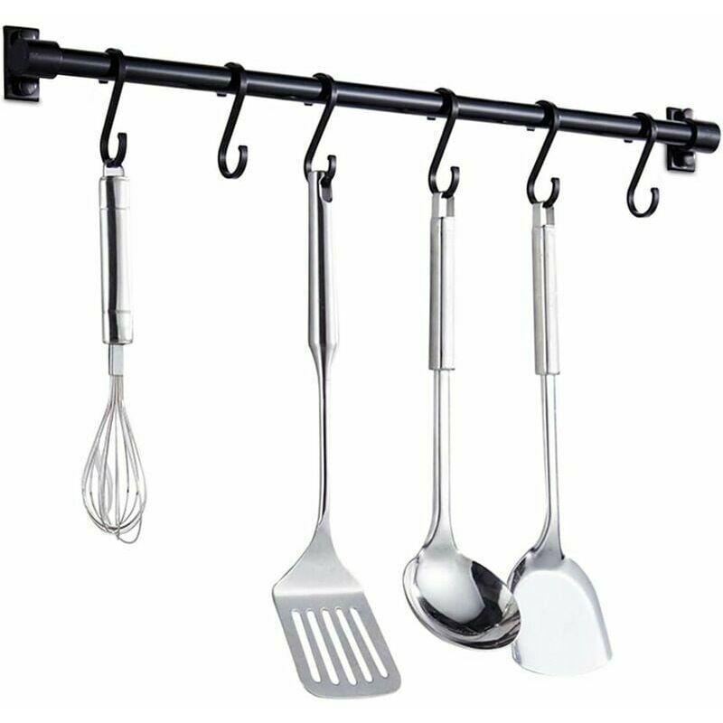 Kitchen Utensil Wall Bar Black, Kitchen Shelf Bar with 6 Removable Hooks Wall Mount Shelf Door Rack for Kitchen Utensils, 40CM