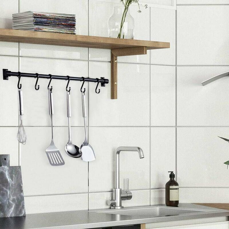 Kitchen Utensil Wall Bar Black, Kitchen Shelf Bar with 6 Removable Hooks Wall Mount Shelf Door Rack for Kitchen Utensils, 40CM