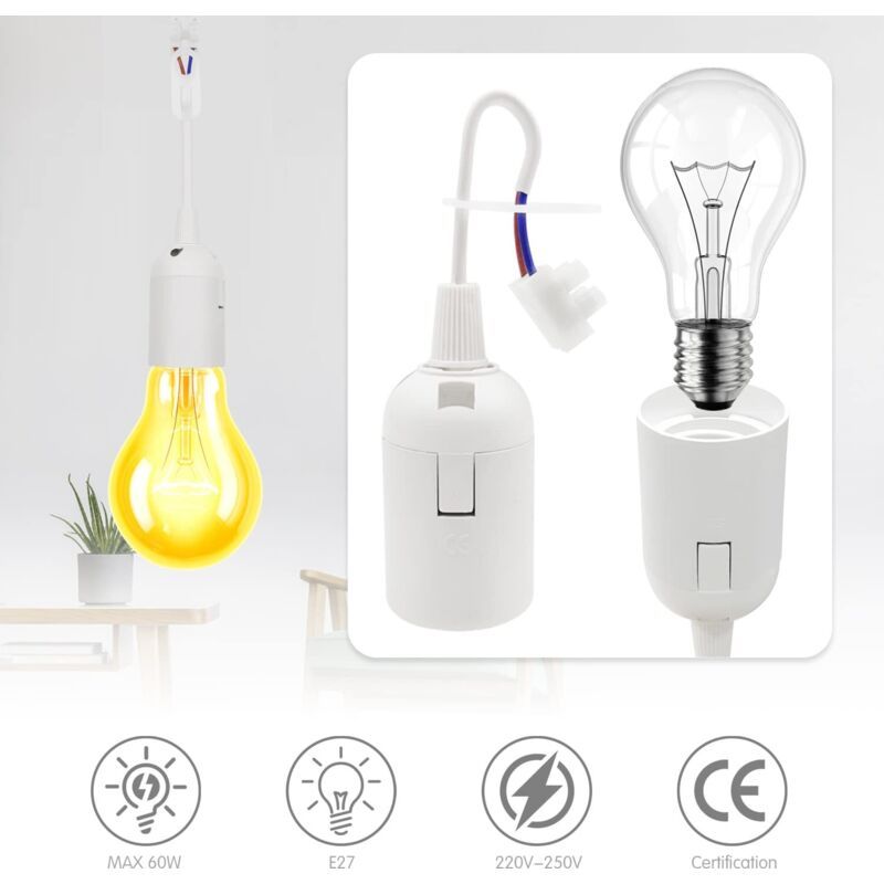 PCS Douille of Lamp E27 Holder of Bulb E27 Renovation of Batiment with Cable of Chantier 4A 250V Base of Light of Suspension Max.60W, White