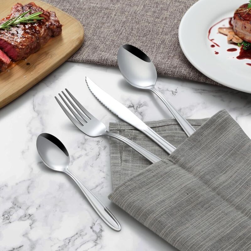 24, Fork and Spoon Dishwasher Safe Piece Stainless Steel Cutlery Set for 6 People with Straight Handles Elegant Cutlery Set Including Knife