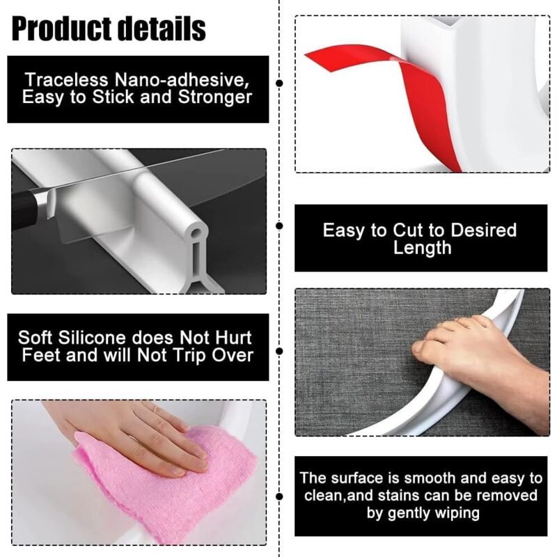 Barriere of Shower Pliable Silicone Seuil Shower Barrage of Water Autocollante Seal Door Bar Anti Debordement for the Kitchen and the Bathroom, 2M