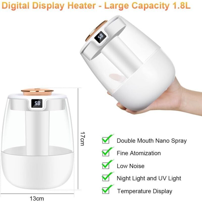 Ambient Air Humidifier 2.2 L with Smart Display of Humidity Ultra, Quiet 20 DB Automatic Shutdown Mini Humidifier with Light LED