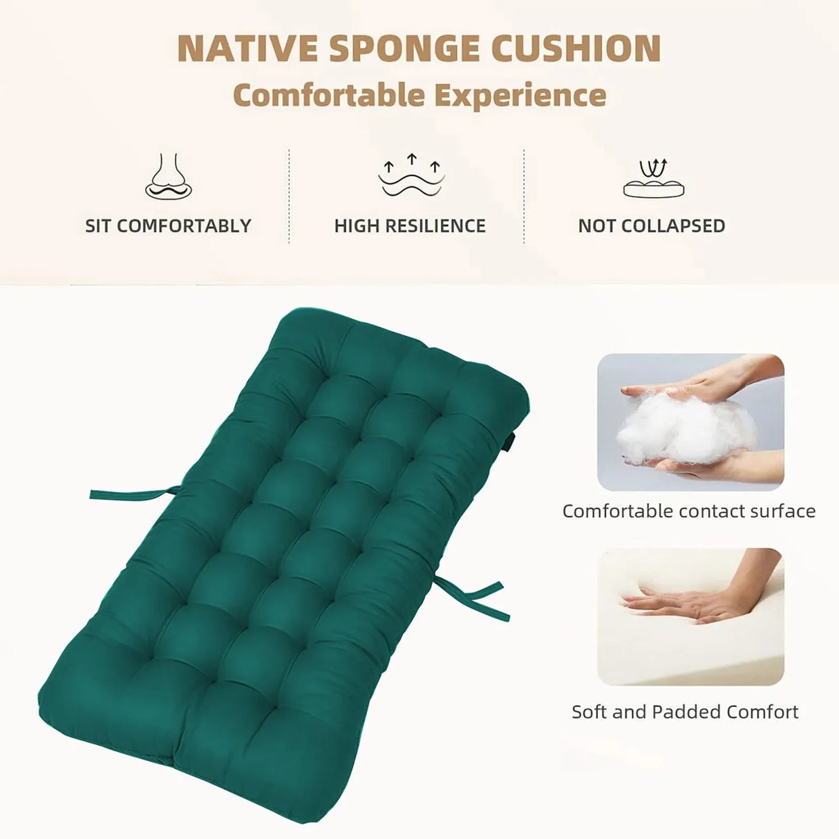 Outdoor Chair Seat Cushion With Ties, Tufted Patio Furniture Replacement Pad, 14 x 28 in