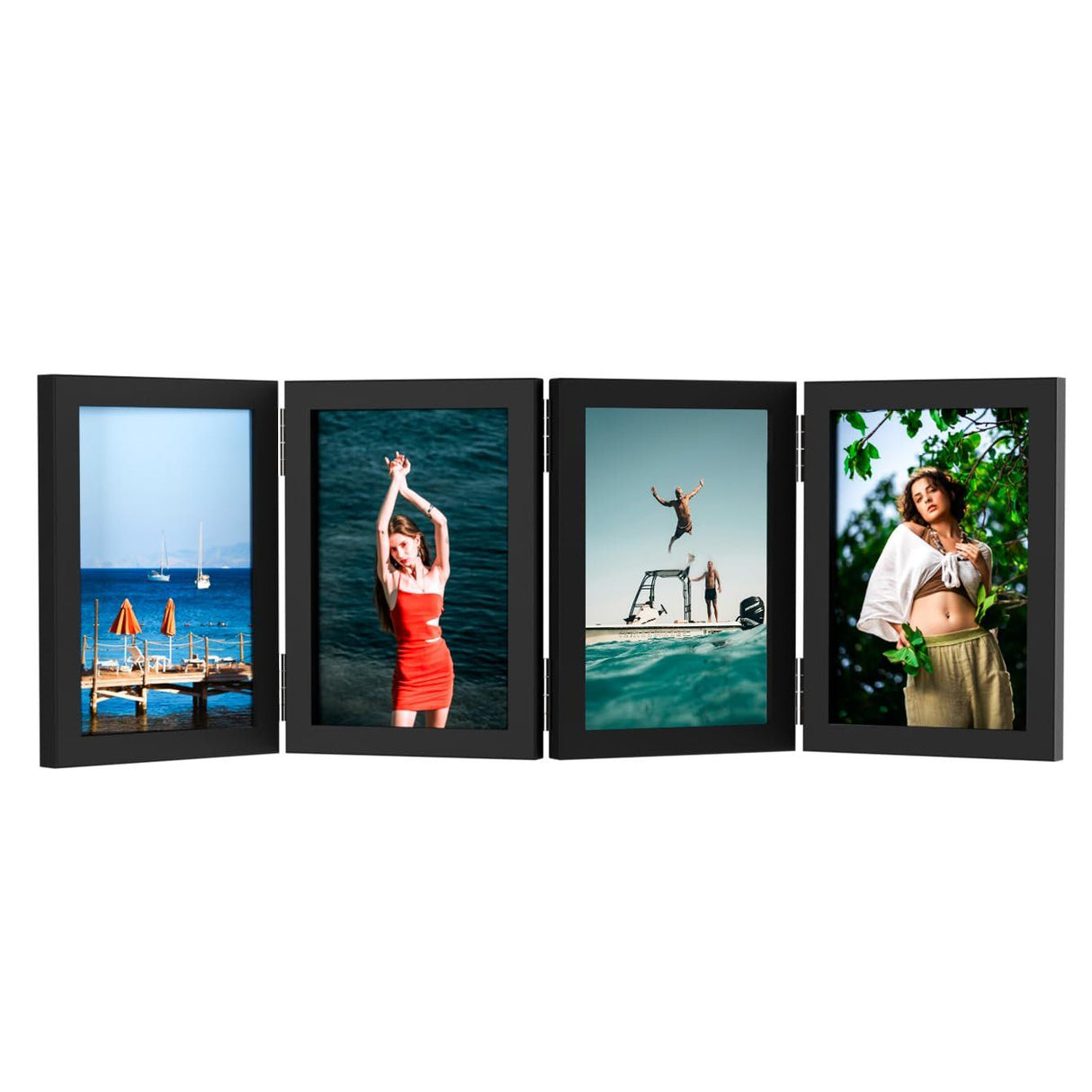 4 Panel Black Folding Hinged Picture Frame, Rustic Wood Tabletop Family Photo Collage Stand, 5 x 6 in