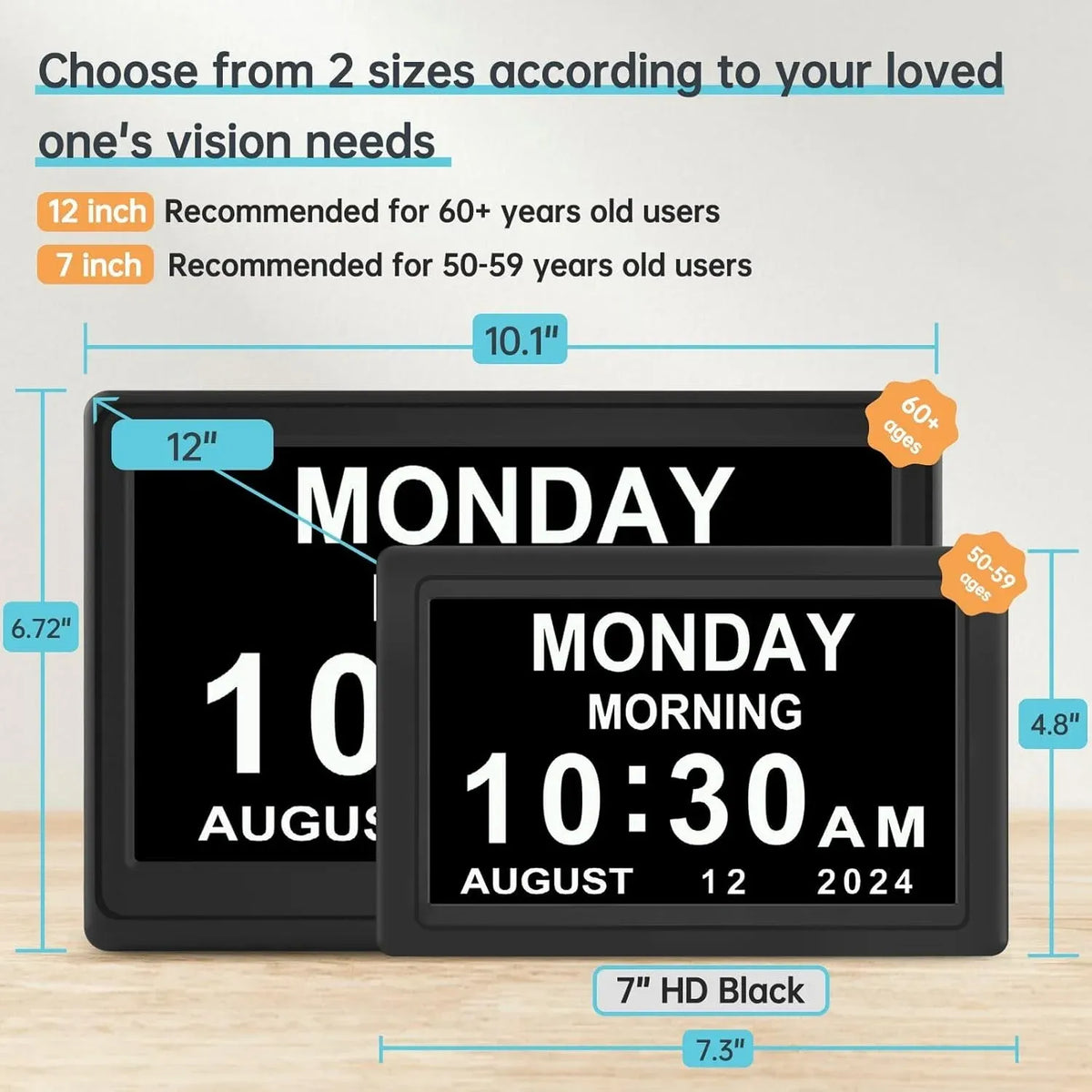 Dementia Digital Clock for Seniors, Extra Large Electric Calendar Clock With 20 Alarms Auto DST and HD Display, 10 in, 1024 x 600P