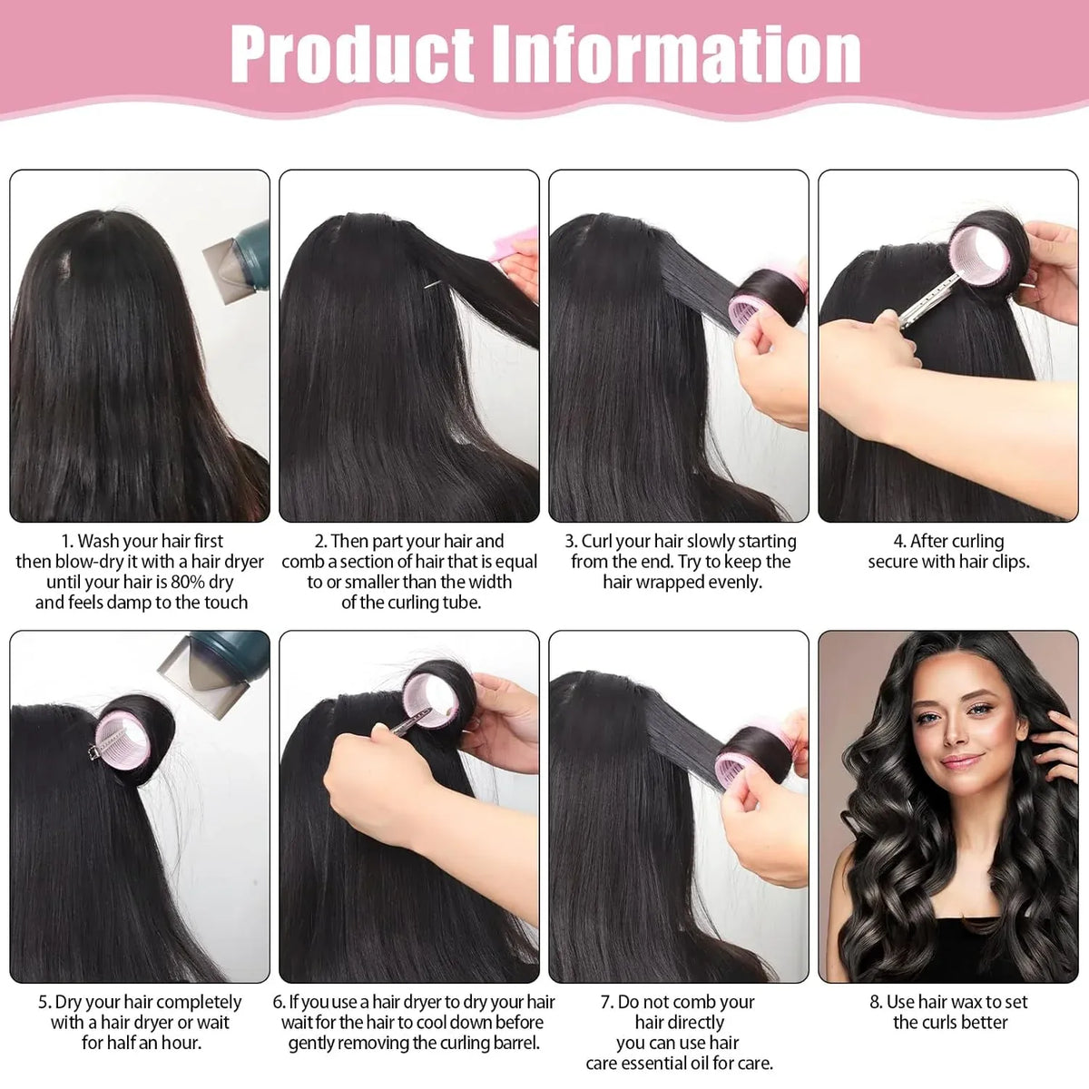50 Pcs Pink Self Grip Hair Rollers Set With Clips for Long Short Hair and Bangs, 25 mm, 36 mm, 48 mm, 60 mm