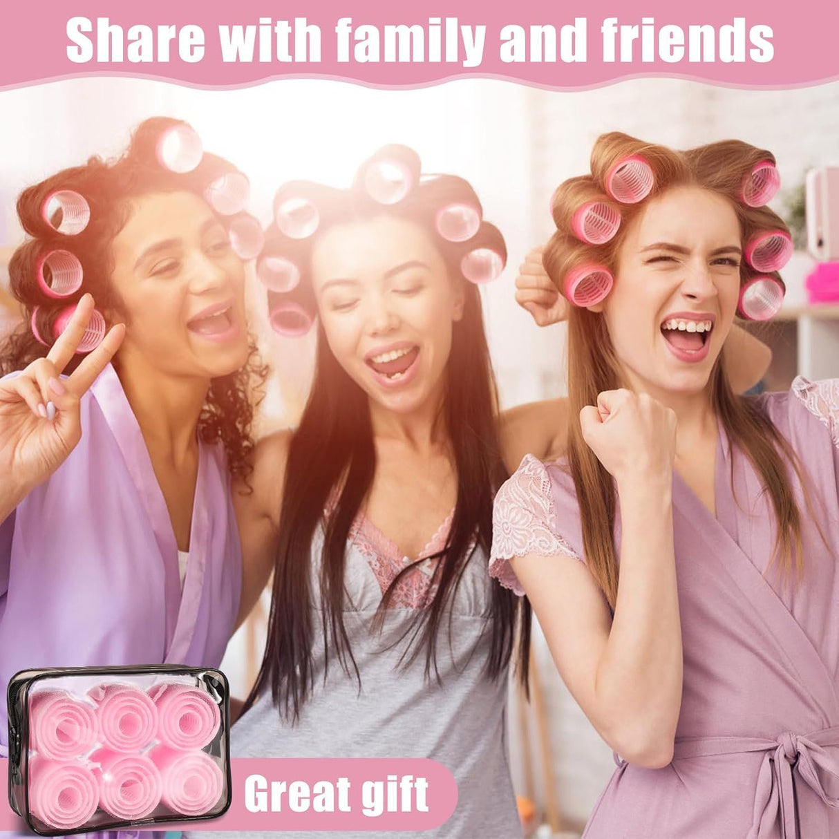 50 Pcs Pink Self Grip Hair Rollers Set With Clips for Long Short Hair and Bangs, 25 mm, 36 mm, 48 mm, 60 mm