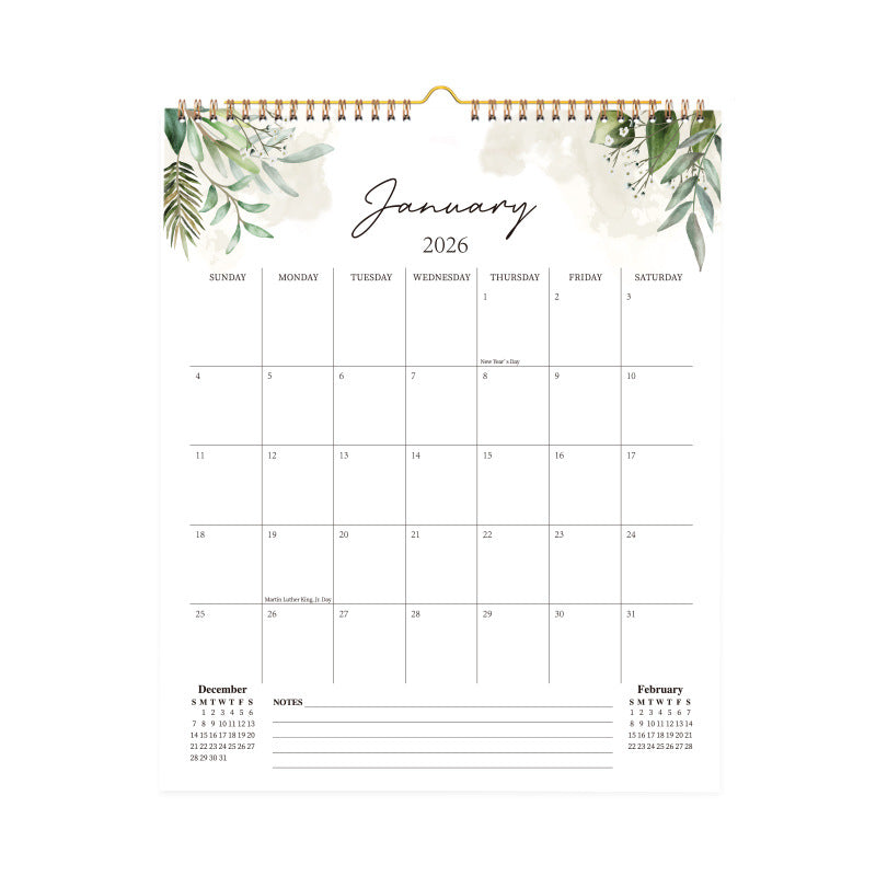 Calendar 2026 - Hangable 12 Months - Calendar - With wire-o-binding - Yearly calendar - Monthly planner - Wall calendar - 37 x 30cm - Green branches and leaves