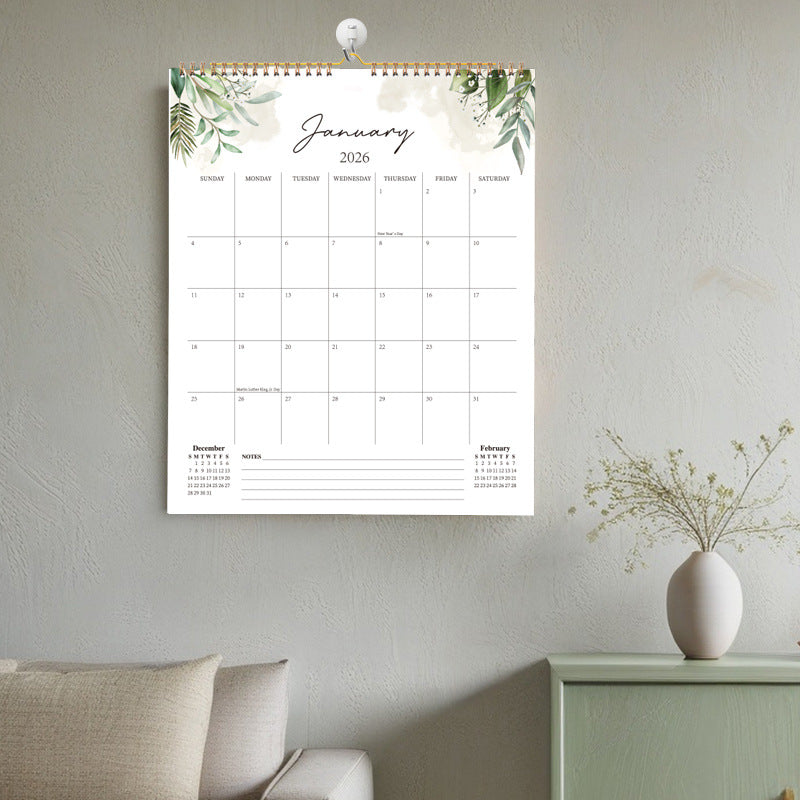 Calendar 2026 - Hangable 12 Months - Calendar - With wire-o-binding - Yearly calendar - Monthly planner - Wall calendar - 37 x 30cm - Green branches and leaves