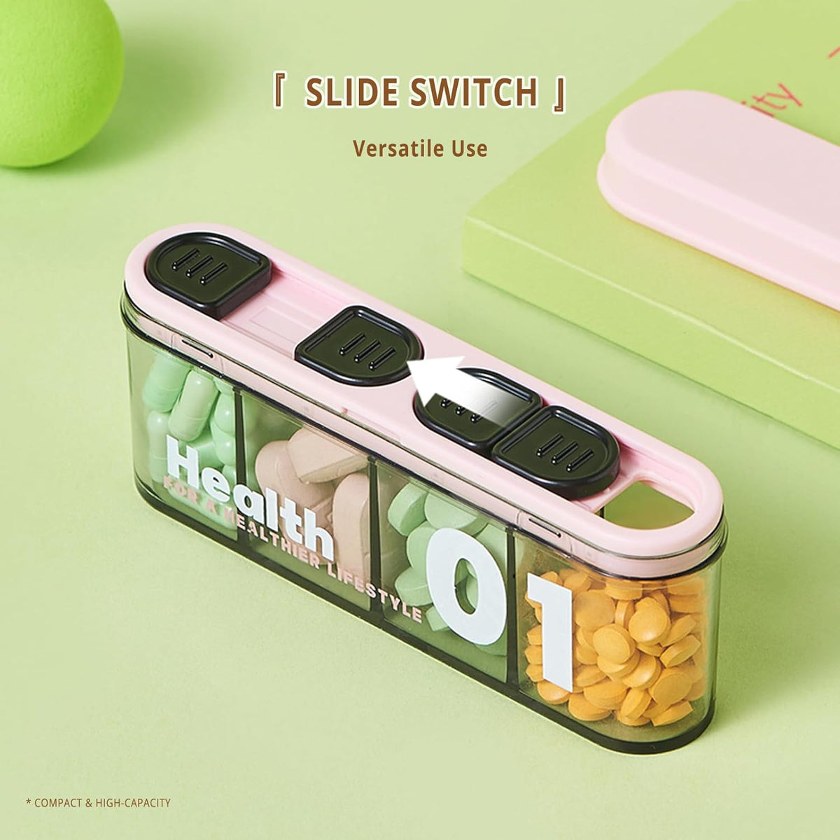 Medicine Box - Four-Compartment Pill Box - Compact and Portable Travel Pill Box - Only 11.5cm, Perfect for Storing Daily Vitamins, Supplements, and Pills - Set of 2 (Light Pink, White)