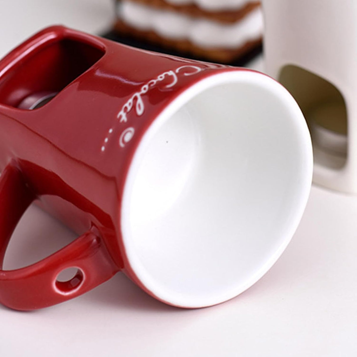 Tealight Fondue Set, Ceramic Melting Pot for Chocolate and Dessert Red