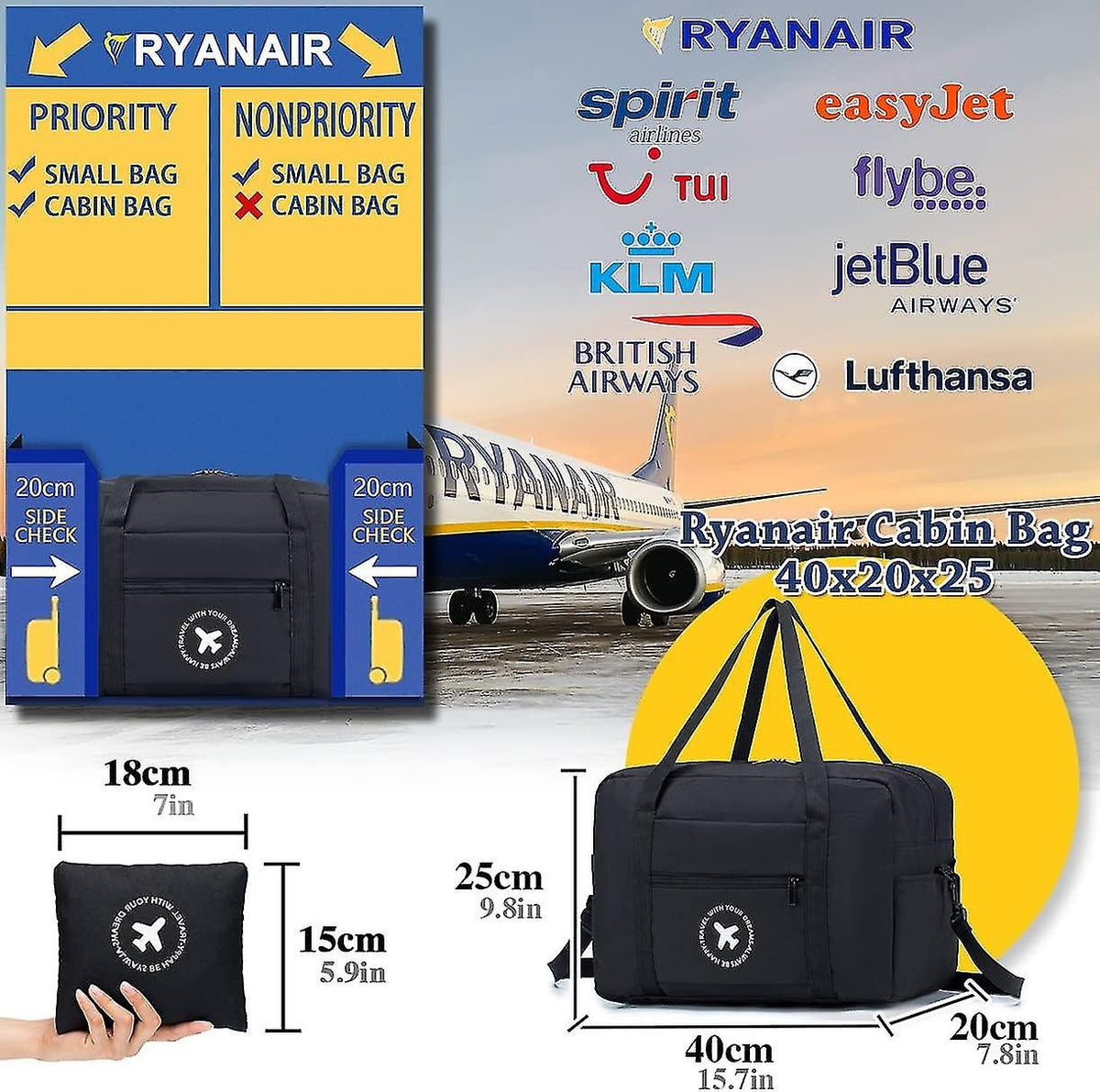 Cabin Bag 40x20x25 cm for Ryanair Approved Size Foldable Travel Bag Duffel Bag Under Seat Luggage Holder-Xin