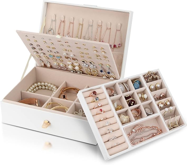 Jewelry Box Organizer for Necklaces, Earrings, Bracelets, Rings, Large PU Leather Jewelry Box with 3 Stackable Layers (White)