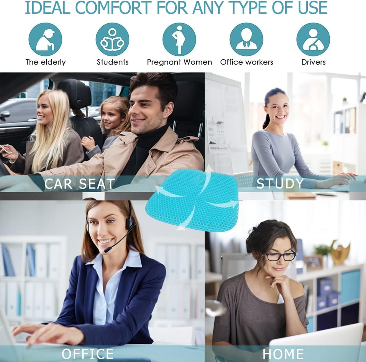 Gel Seat Cushion for Long-Term Sitting, Gel Cushions for Pressure Relief, Double Thick Gel Cushion for Sitting, Seat Cushions for Office Chairs with