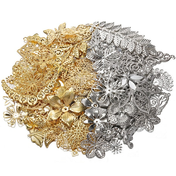 50g/lot Mixed Metal Flower Petals Filigree Wraps Clutches White