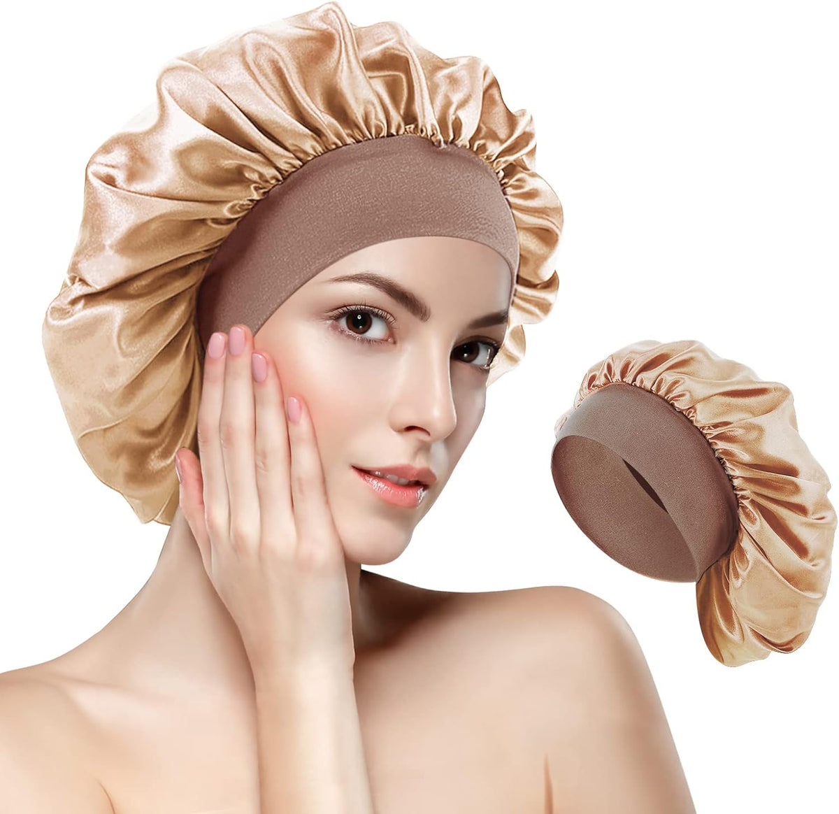 Large Satin Night Cap for Curly Hair, Breathable Silk Sleep Hat for Women and Girls, Gold Gold