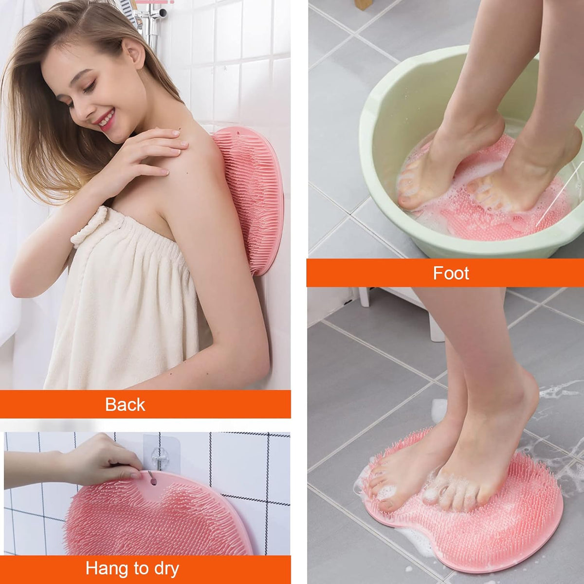 2-Pack Shower Scrubber for Back and Feet, Wall-Mounted Silicone Back Scrubber, Bath Massage Cushion Brush with Suction Cups