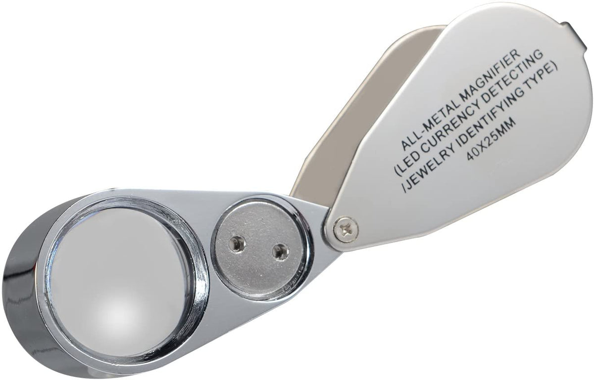 Jewelers Loupe 40X Magnification Metal Foldable Loupe with LED & UV Light