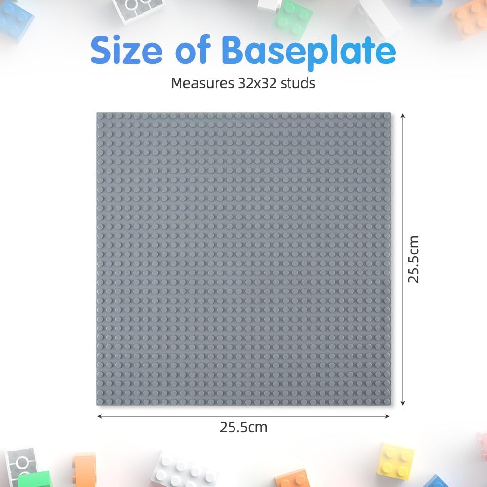 Building Plate, 4 pieces of classic base plates, 25.5 x 25.5 cm, base plate, compatible with all major brands, building toys for children 4 pieces light gray