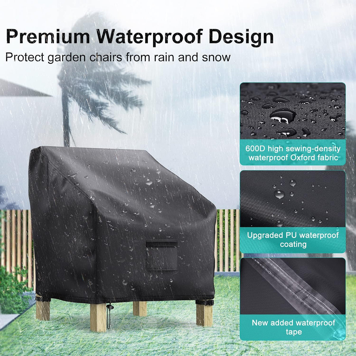 Garden Furniture Covers, Waterproof, 2-Pack, Lawn Mower Chair Covers 600D Heavy Duty Oxford Fabric, Large Covers for Lounge Chairs with Deep Seat